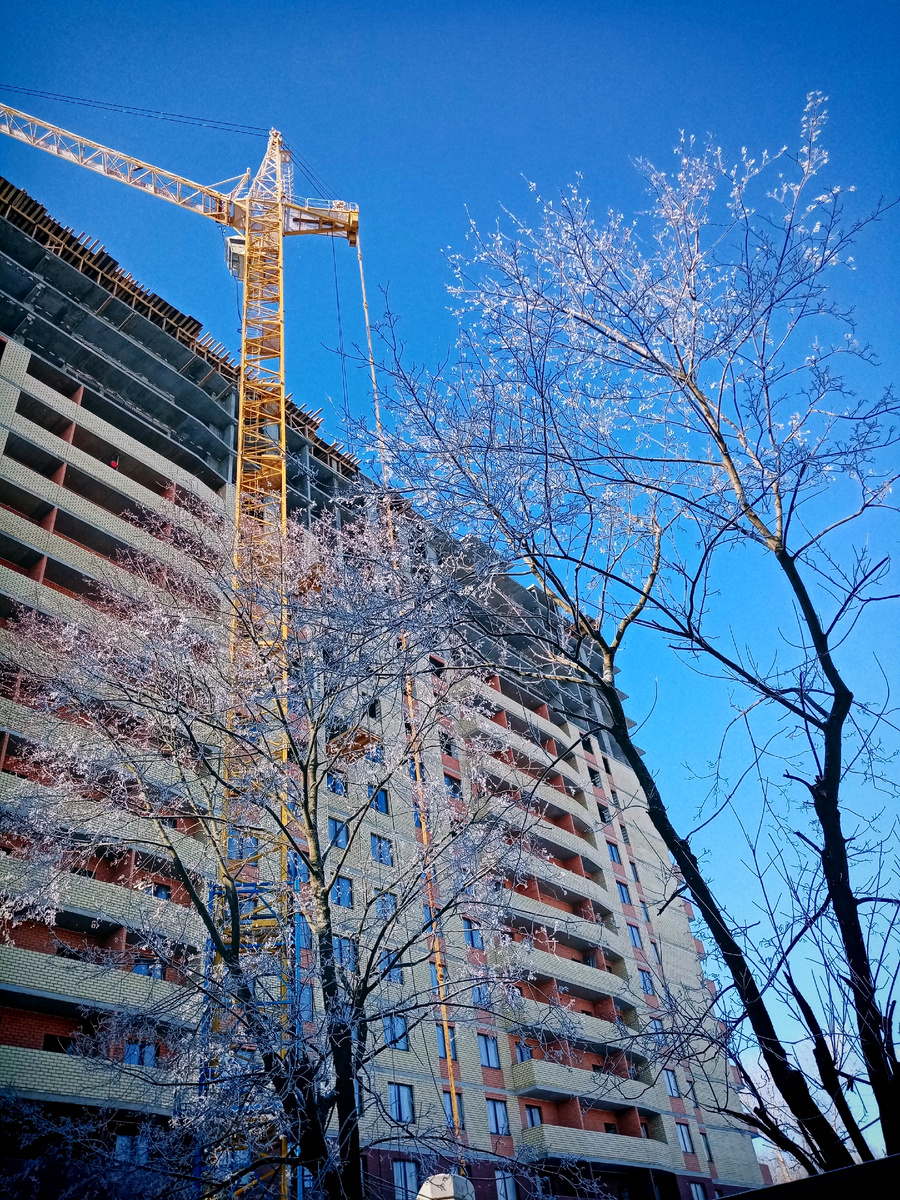 А из нашего окна жёлтая стрела видна, клёны в инее, небо синее