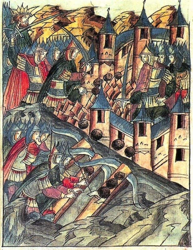 Оборона Козельска. Миниатюра XVI века из Никоновской летописи