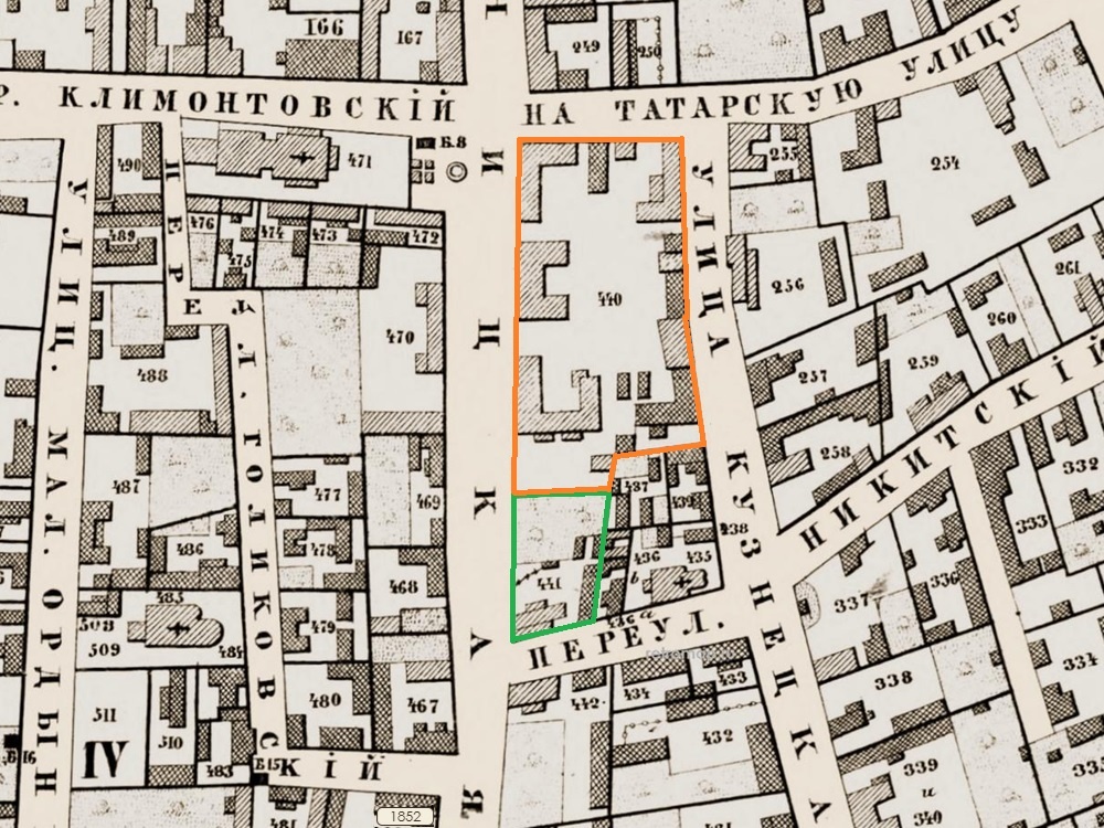 Зеленые границы – участок Головина, его северная часть – без строений (сад или огород?). Оранжевым веделен участок Пятницкой полицейской части. Карта 1852 года. В этом же квартале находился храм Великомученика Никиты в Старых Толмачах, разрушенный в 1930-е годы