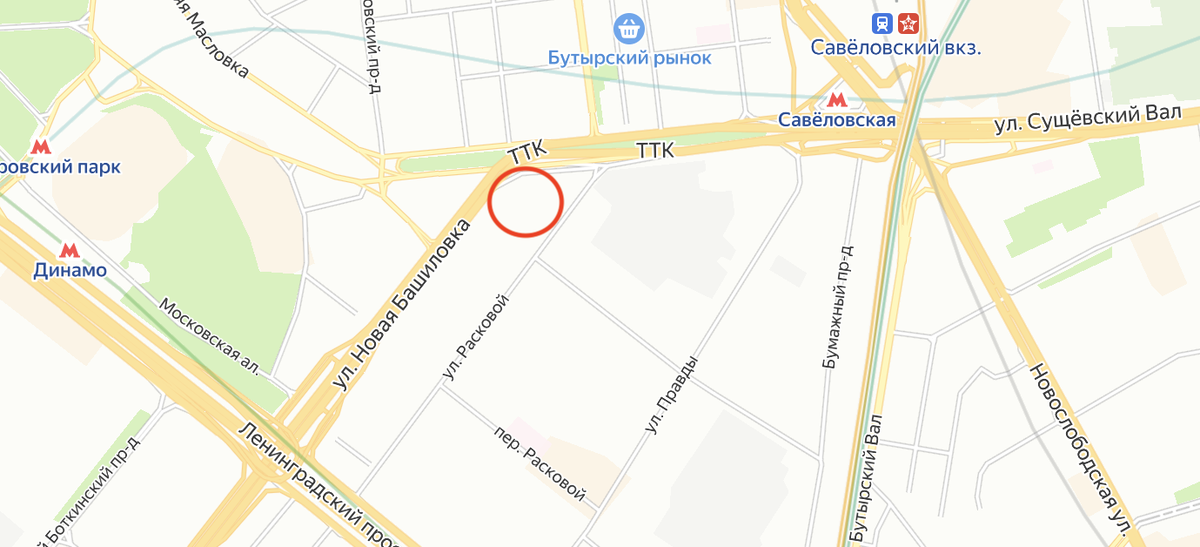 Красным крожочком выделено расположение Бутырского депо на современной карте Москвы. Яндекс.Карты.