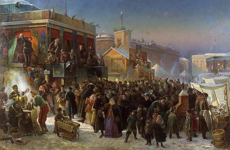 Картина "Народное гулянье во время масленицы на Адмиралтейской площади в Петербурге" Константин Маковский 1869