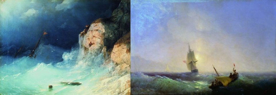 Картины Айвазовского. Слева: Кораблекрушение. 1864. Музей католикосата «Эчмиадзин», Армения. Справа: Спасающиеся от кораблекрушения. 1844. Государственная картинная галерея Армении, Ереван.
