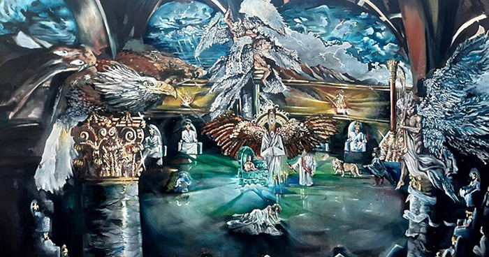 Картина, созданная южноафриканским художником Дэвином Арриесом, изображающая библейские события из Откровения, глава 4, стихи 1–11. / Фото: commons.wikimedia.org