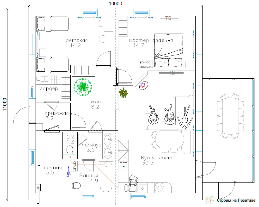 Планировка одноэтажного дома 10x11