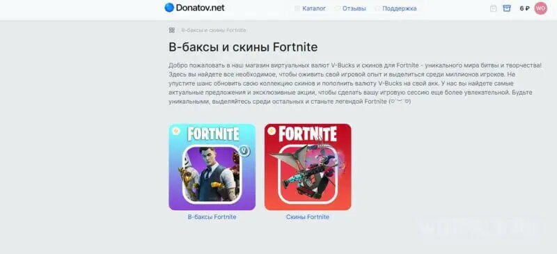 Перейдите в раздел Fortnite и выберите, что хотите купить: В-баксы или скины.