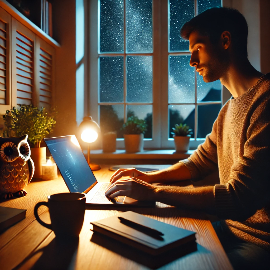 фотография передаёт атмосферу продуктивной ночной работы совы
