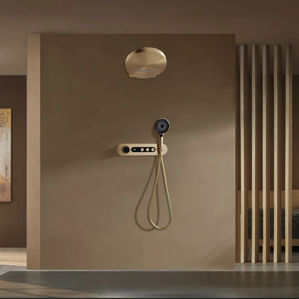 - Определите точное место установки встраиваемого блока управления душевой системой. Рекомендуем устанавливать встраиваемый блок на высоту 900-1100 мм от уровня пола. 
- Блок управления устанавливается на глубину 75-107 мм от внешней поверхности стены.
 - Подведите водопроводные трубы так, чтобы монтаж и демонтаж блока управления не вызывал затруднений. 
- Убедитесь, что подача воды соответствует схеме
подключения.
 - Промойте впускные трубы перед соединением с встраиваемым блоком. 
- Закрепите блок к стене крепежными винтами и соедините с водопроводными трубами.
- Определите точное место установки отвода для подключения шланга душа, подведите к нему водопроводную трубу от смесителя.
- Определите точное место установки тропического душа и подведите к нему водопроводную трубу от блока управления. Рекомендуем устанавливать тропический душ на высоту 2000-2300 мм
от уровня пола.
