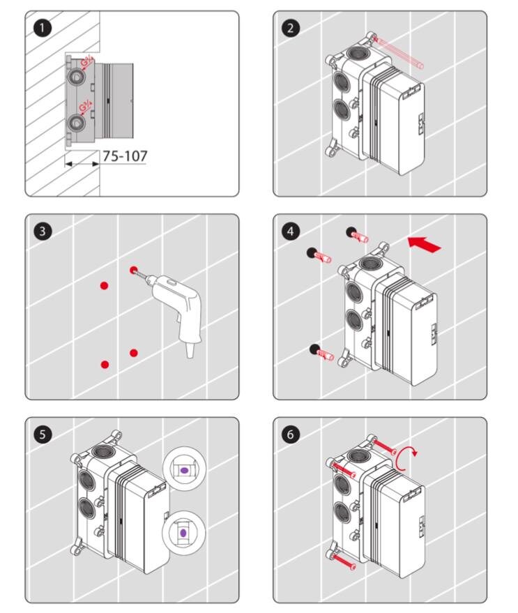 ВАЖНО!
•	Проверьте соединение на герметичность.
•	Проверьте работу смесителя до укладки облицовки (плитки)
•	Не снимайте защитную крышку встраемого смесителя до завершения всех отделочных работ (это защитная крышка от попадания пыли и повреждений при отделочных работах)

