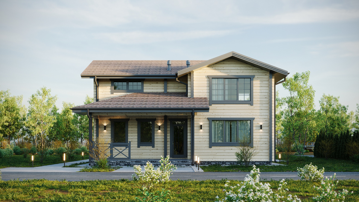 Фасад двухэтажного дома из клееного бруса по проекту "Секвойя" общей площадью 174 м²