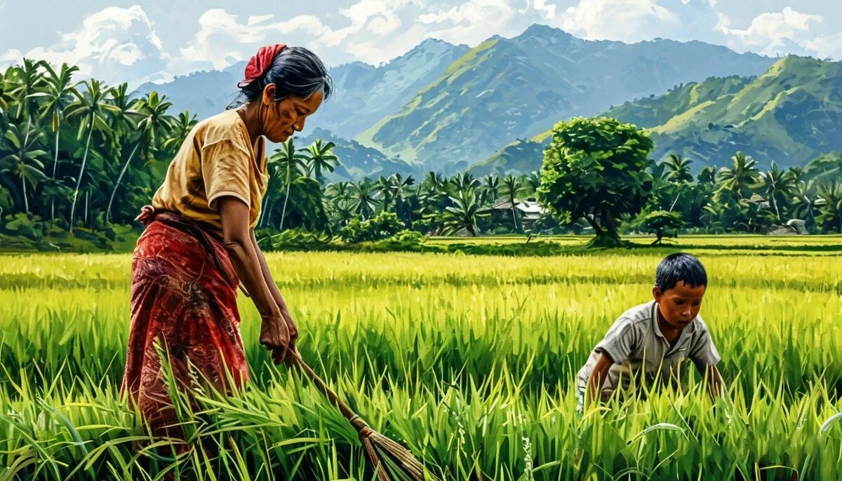 Бедная вдова и её сын с утра до вечера работают на рисовых полях, чтобы не голодать и выжить