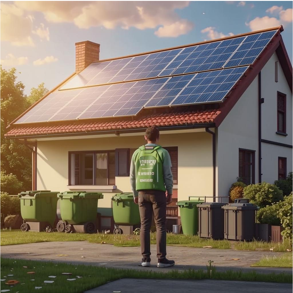 дом с установленными солнечными панелями и баками для раздельного сбора мусора. создано нейросетью