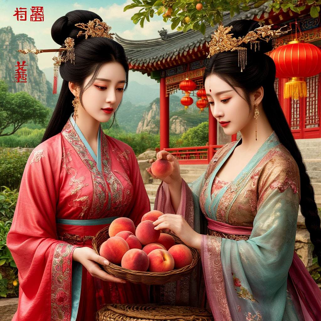 Сгенерировано ИИ, по мотивам даосской легенды о красавице-богине Си Ван Му. Богиня с помощницей вынесла  герою из запретного сада персики бессмертия.
