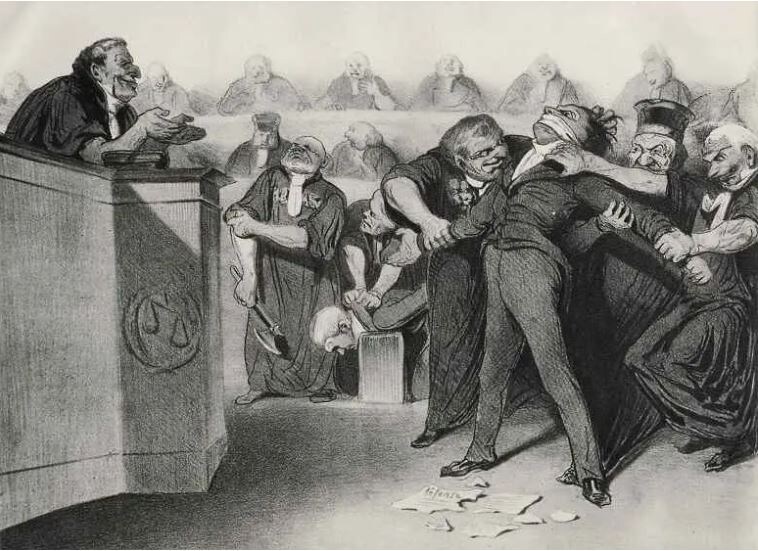«Слово имеет подсудимый». Оноре Домье (1808–1879) – один из величайших карикатуристов XIX века. Рисовал политиков и короля Луи-Филиппа (за что даже сидел в тюрьме), бытовые сценки, адвокатов и судей. В своих произведениях Оноре мастерски обличал продажность, лицемерие и тщеславие буржуазии, разоблачал фальшивую мораль общества.