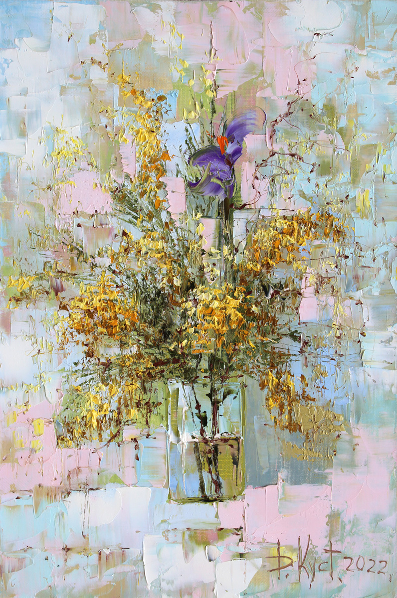 Художник Дмитрий Кустанович. Букет с мимозой, 60x40 см, холст, масло, 2022