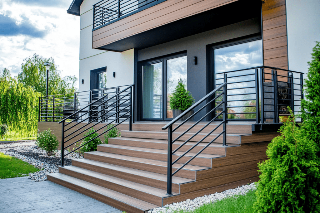    Элегантное крыльцо в стиле лофт: создайте уникальное пространство с металлическими перилами и террасной доской от ZMK-Zenit в Уфе и окрестностях! ZMK-ZENIT