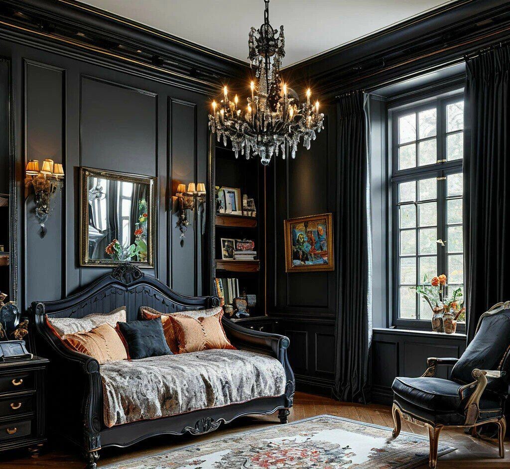 Детская в чёрном цвете, черная кровать 