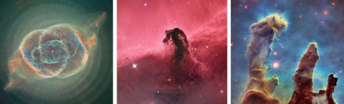 Планетарная туманность Кошачий Глаз, темная туманность Конская Голова.
И скопление межзвездного газа в туманности Орел под названием Столпы Творения.
