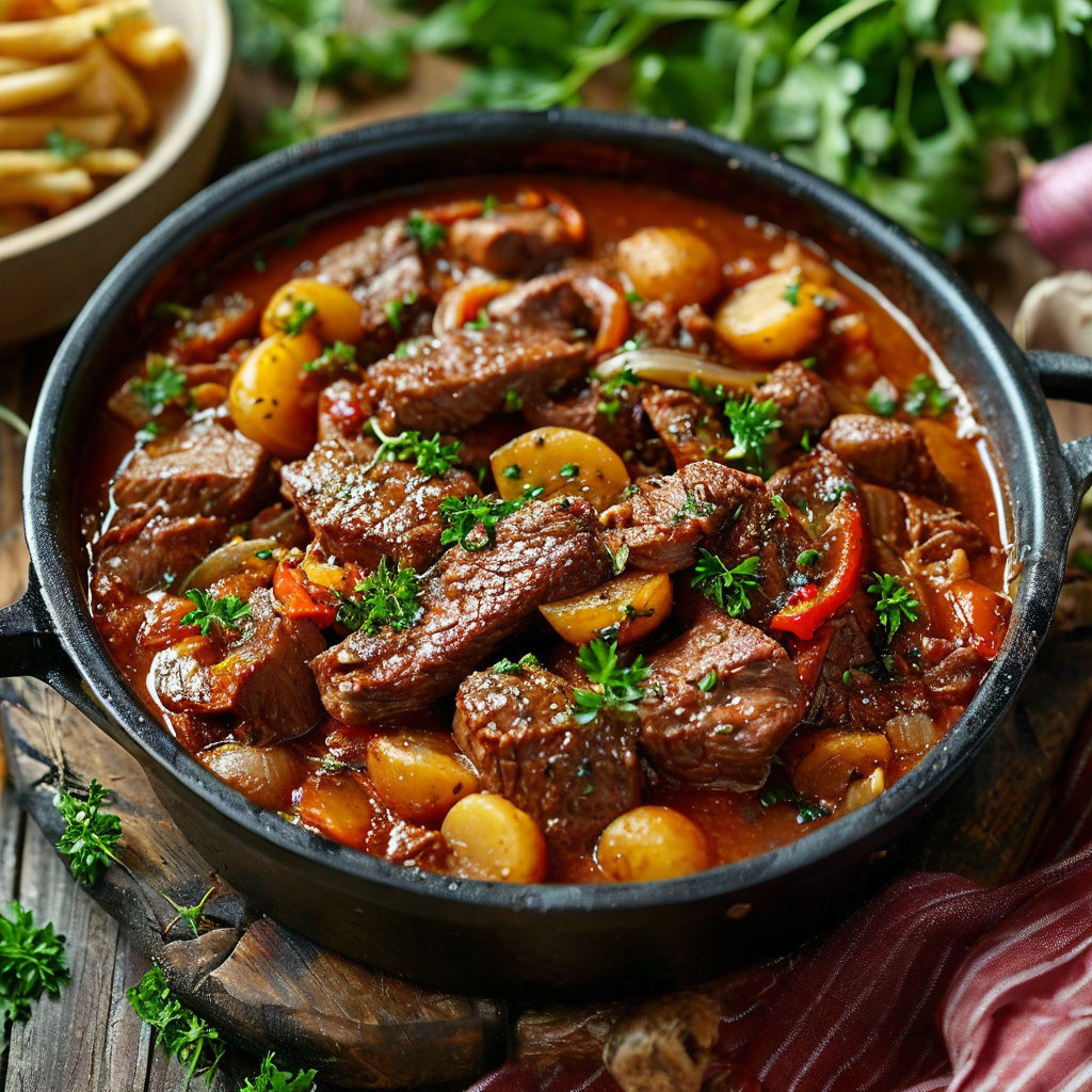 Главным ингредиентом является говядина, которая тушится в красном вине вместе с овощами и специями