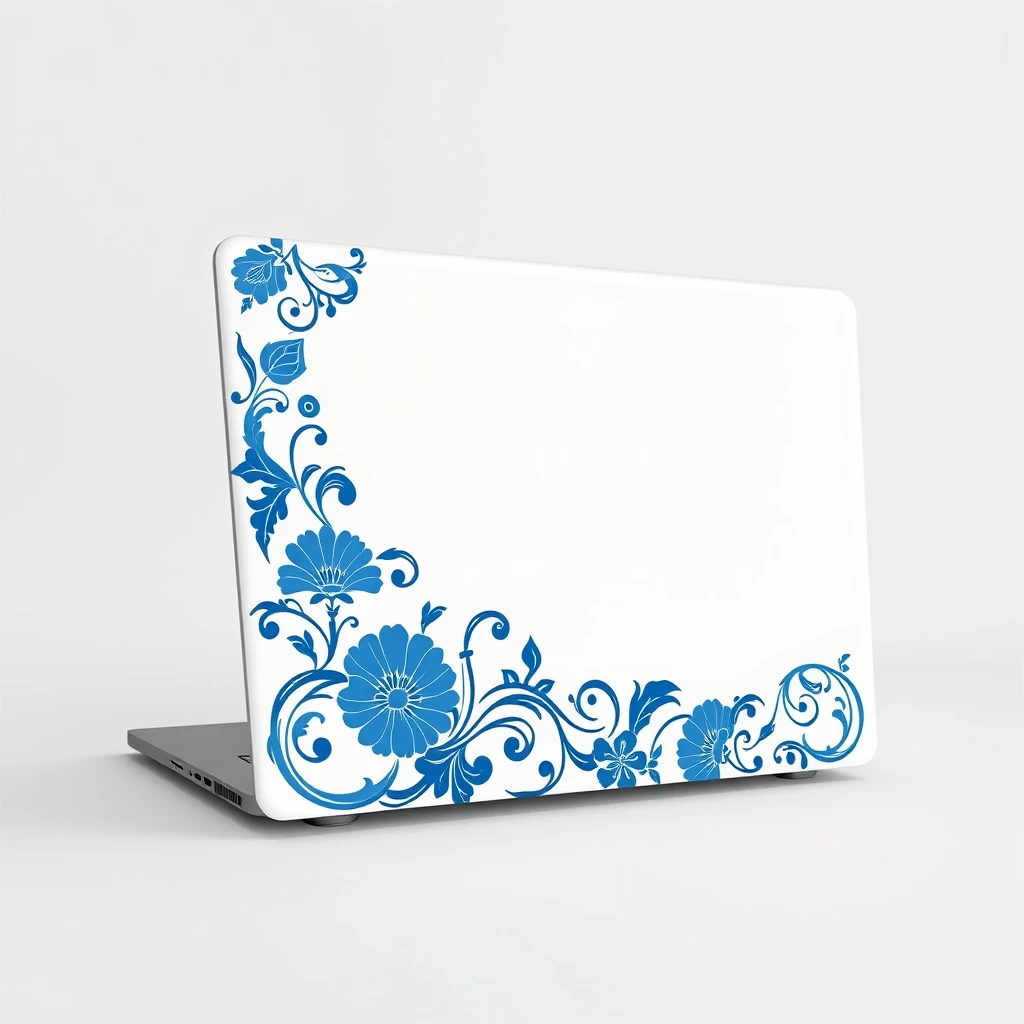 A sleek laptop with a Gzhel-inspired design, blue and white floral motifs, intricate swirls, Russian folk art, elegant and minimalist, high detail, 4K