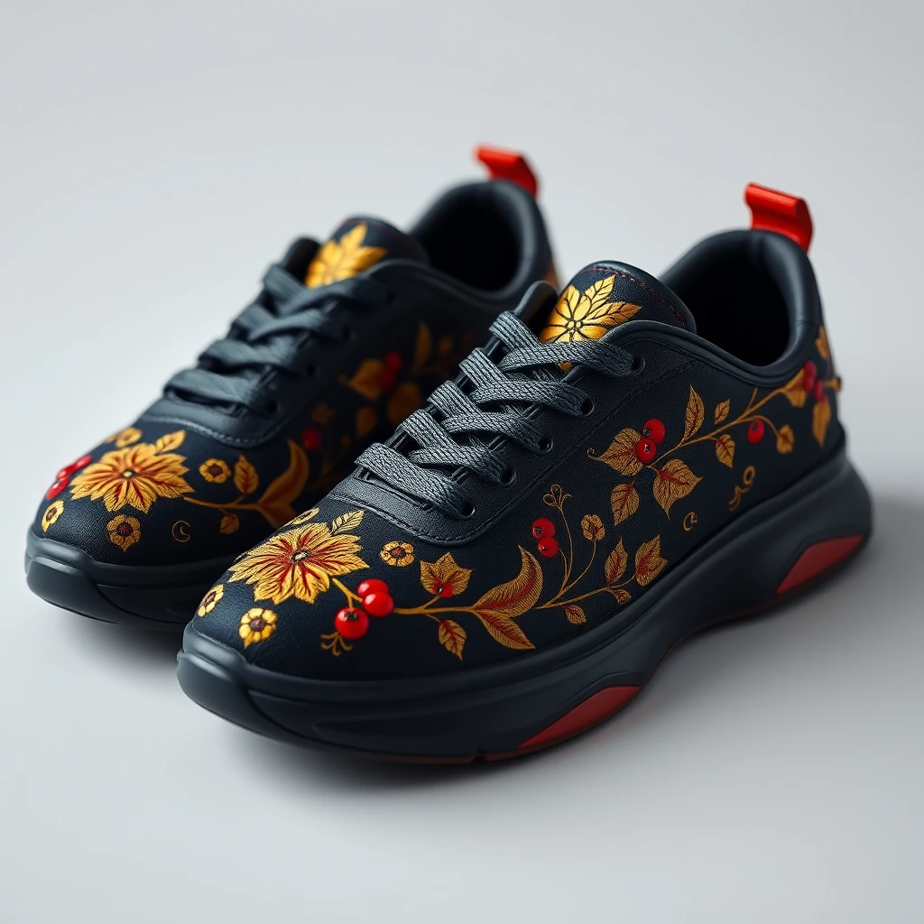Catalogue photography, a pair of modern black sneakers decorated with traditional Russian Khokhloma patterns, golden floral ornaments, red and black berries, white sole, white laces, intricate leaves, vibrant colors, folk art style, high detail, 4K