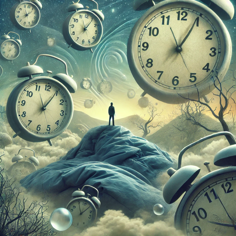 Сюрреалистичная сцена с человеком, потерявшимся в мире снов из-за чрезмерного сна.
