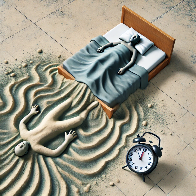 Художественное изображение человека, тонущего в кровати, символизирующее ловушку пересыпа.