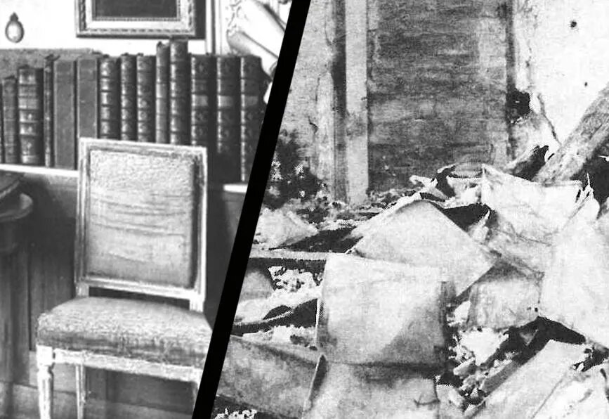 Кабинет Павла I, находившийся в одной из башен Гатчинского дворца. Слева — в 1940 году; справа — в 1944‑м, после освобождения Гатчины. Часть библиотеки удалось восстановить. РЕПРОДУКЦИЯ АВТОРА из архива Министерства культуры РФ./КОЛЛАЖ Ирины ГАБОВОЙ