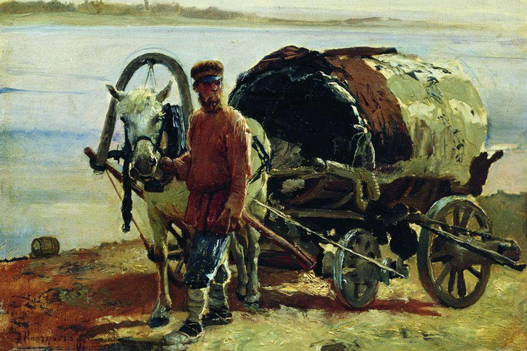    Крестьянин рядом с телегой на картине «Возок» Александра Корзухина, 1891 год. Иллюстрация Wikipedia