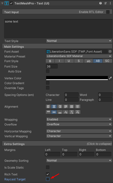    Настройки для компонентов TextMeshPro