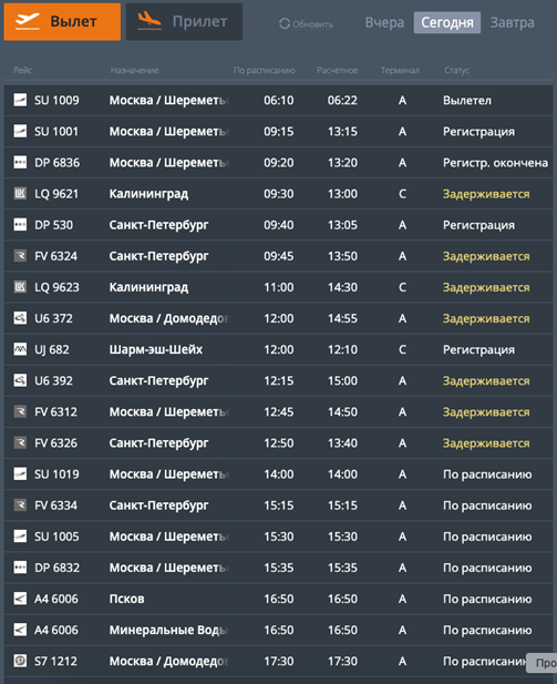    Онлайн-табло аэропорта Храброво. 26 февраля 2025 года. Автор фото: kgdavia.ru