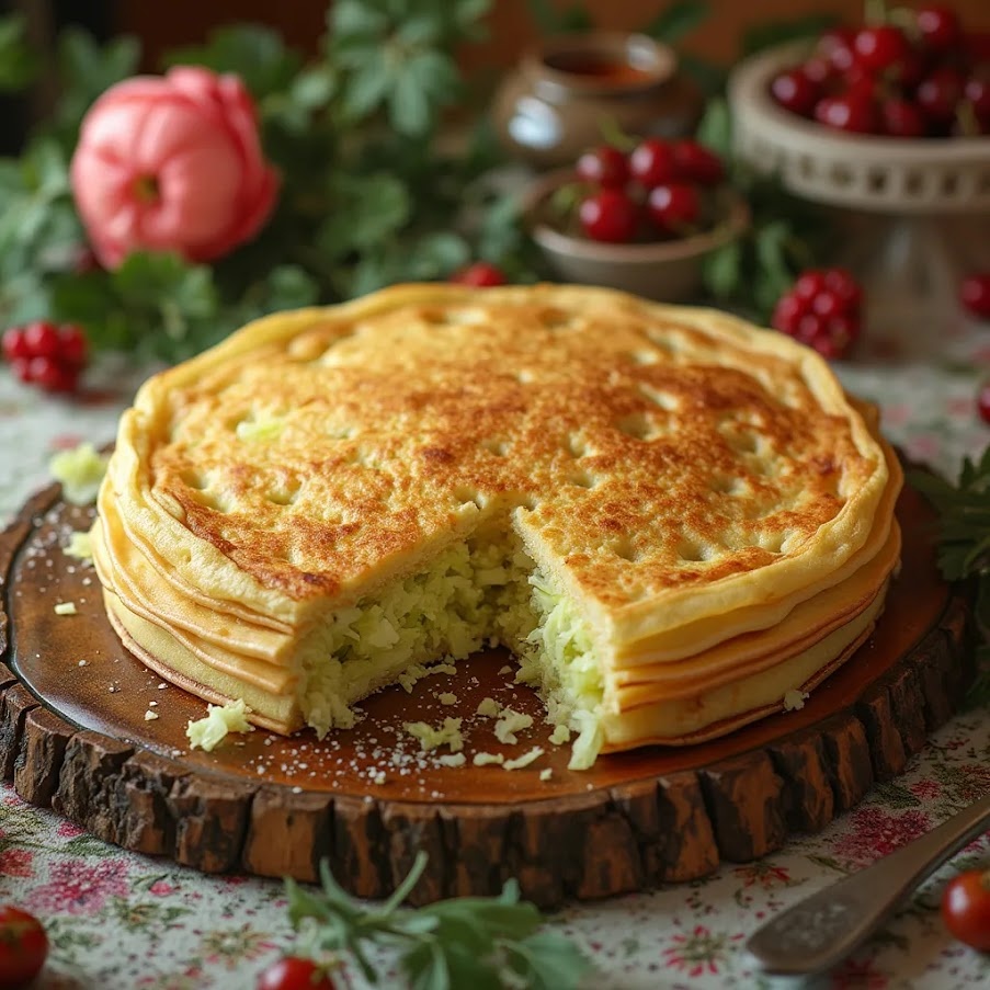    "Блинный пирог с капустой. Фото сгенерировано нейросетью Flux Pro по мотивам публикации"