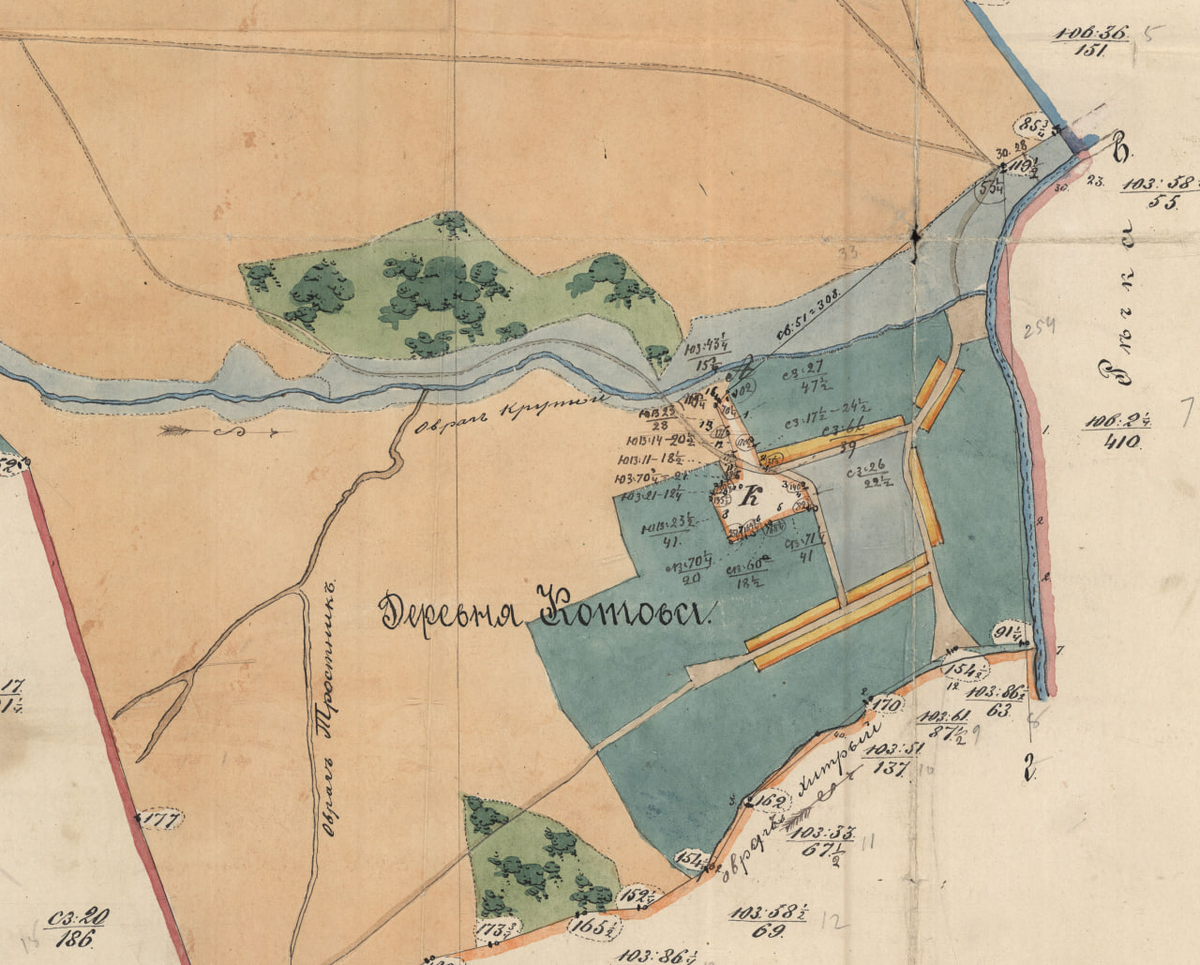 Карта деревни Котово Елецкого уезда. Межевание 1779 года, утверждена 1891 года.