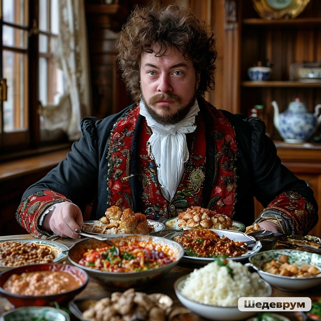 Путешествовал по России Дюма в 1858-59 г. Из поездки отправлял заметки в парижские газеты, которые были опубликованы в 1865 г. Большой кулинарный словарь вышел в 1873 году и стал последним произведением автора. В словарь вошли лишь несколько упоминаний о русской кухне. Так Шедеврум видит Дюма в окружении русских блюд.