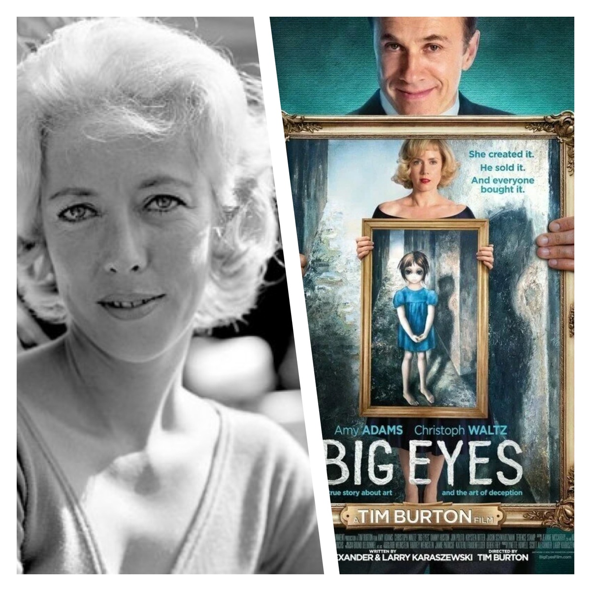 Маргарет Кин в молодости и обложка фильма "Большие глаза" Тима Бёртона основанного на её биографии