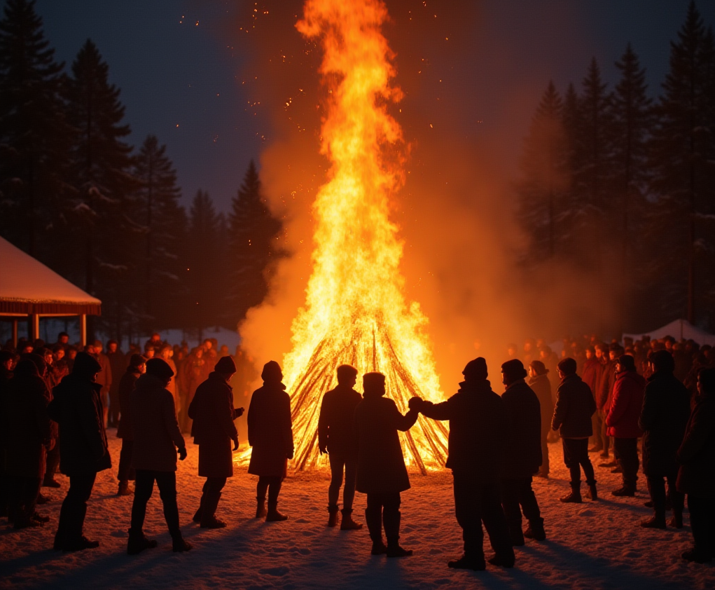 Народные гуляния у костра. Картинка создана с помощью ИИ.