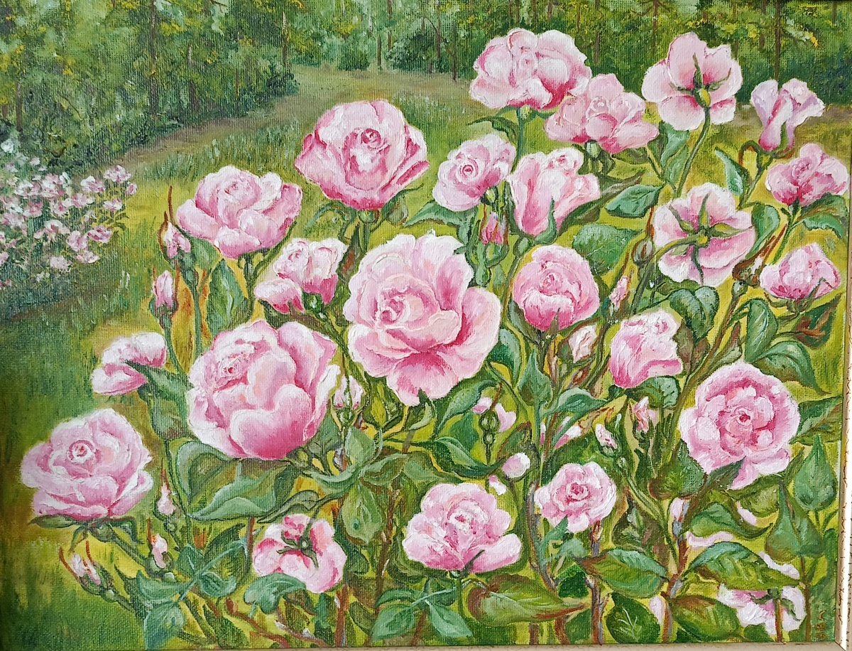 Холст 40х40 масло. "Розовые розы".