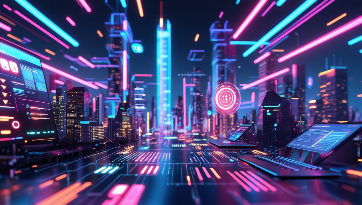 Футуристический цифровой маркетинг 2025, неон, ИИ, киберпространство.