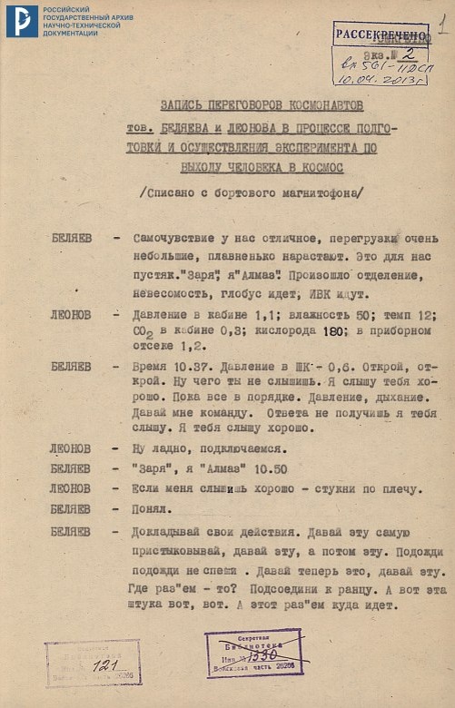 Запись переговоров космонавтов П.И. Беляева и А.А. Леонова в процессе подготовки и осуществления эксперимента по выходу человека в космос (Списано с бортового магнитофона)». Машинопись. 18 марта 1965 г. РГАНТД. Ф. 1. Оп. 13-1. Д. 37.