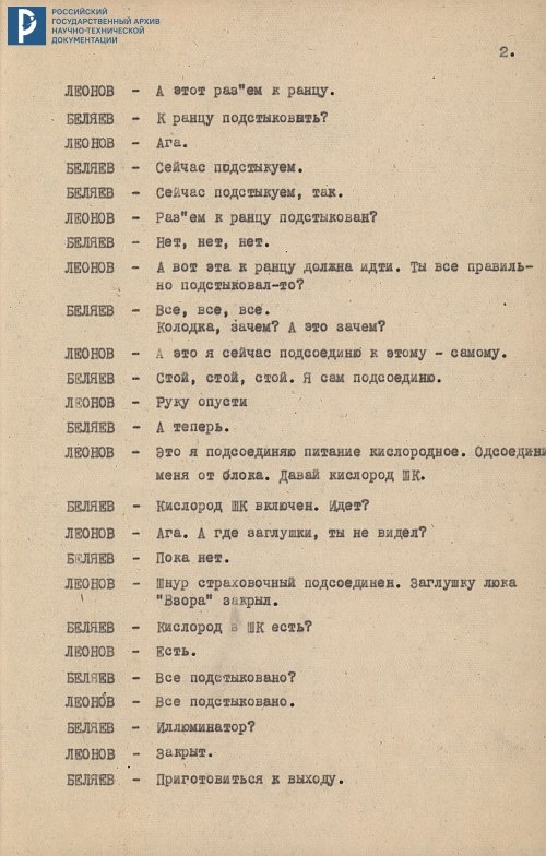 Запись переговоров космонавтов П.И. Беляева и А.А. Леонова в процессе подготовки и осуществления эксперимента по выходу человека в космос (Списано с бортового магнитофона)». Машинопись. 18 марта 1965 г. РГАНТД. Ф. 1. Оп. 13-1. Д. 37.