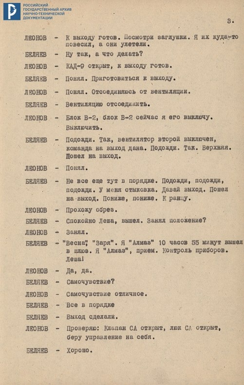 Запись переговоров космонавтов П.И. Беляева и А.А. Леонова в процессе подготовки и осуществления эксперимента по выходу человека в космос (Списано с бортового магнитофона)». Машинопись. 18 марта 1965 г. РГАНТД. Ф. 1. Оп. 13-1. Д. 37.