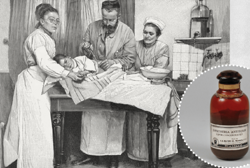 Ребенку вводят противодифтерийную сыворотку (1894 год), образец противодифтерийной сыворотки (1929 год); фото из свободных источников.