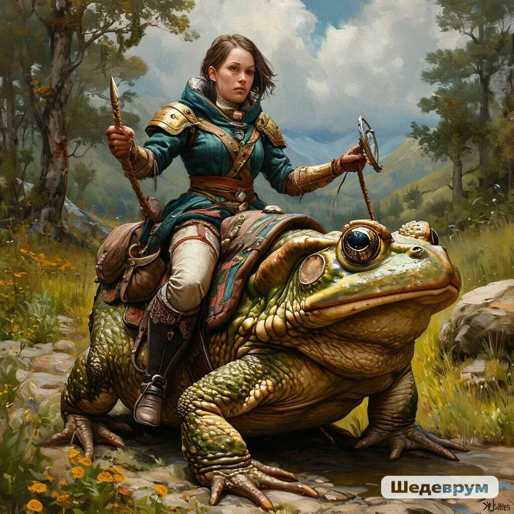 Оседлала и едет.