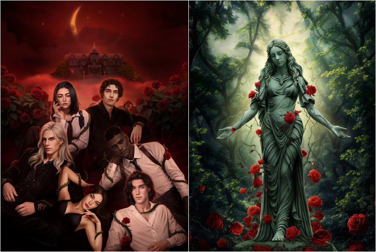 На греховность всех героев и мученичество Астреи указывают стебли розы, они с шипами