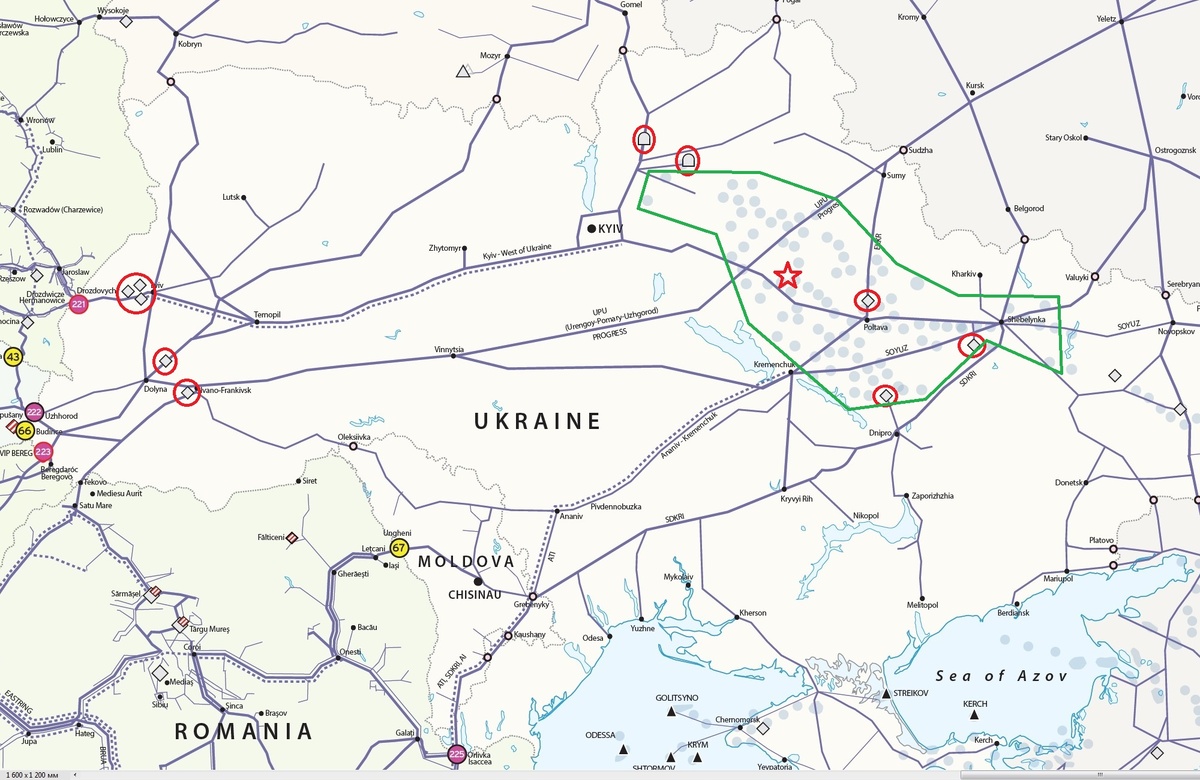 Схема ГТС Украины (с сайта ENSTO-G). Красным обведены газохранилища, зелёным – район газодобычи. Звёздочкой указано примерное расположение Яблоневского месторождения