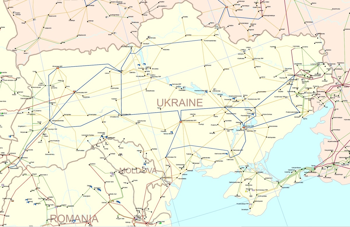Схема энергосистемы Украины (с сайта ENSTO-E). Синие линии – ВЛ 750 кВ, красные – 400 кВ, жёлтые – 330 кВ, зелёные – 220 кВ