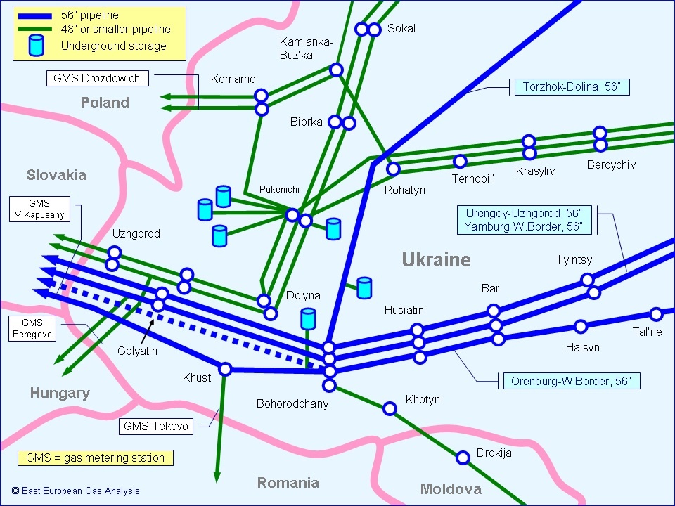 Схема газопроводов в Прикарпатье и Закарпатье. Хорошо заметно, что пропускная способность газопроводов к словакам перекрывает всех остальных участников с запасом