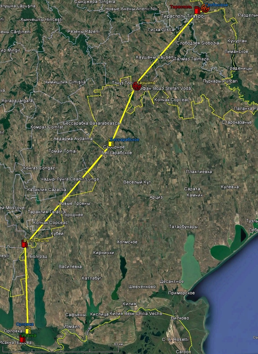 Молдавский газовый транзит. Синие подписи – Украина,, красная – Приднестровье, жёлтые – Молдова, зелёная – Румыния. Значок осциллографа – ГИС, колонки - ГКС