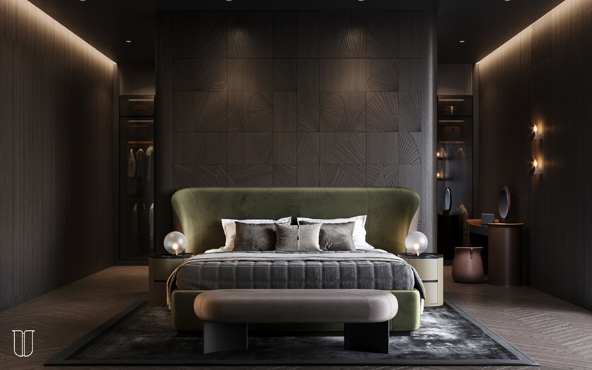 Дизайнерская банкетка Balance от бренда FiftyFourms в интерьере спальни