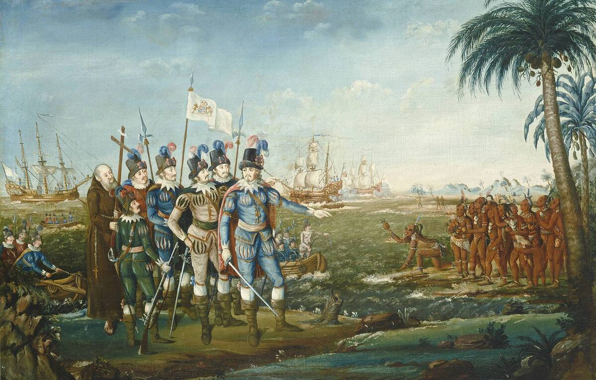 Картина Фредерика Кеммельмайера "Первая высадка Христофора Колумба", начало XIX века
© IMAGO/piemags via Reuters Connect