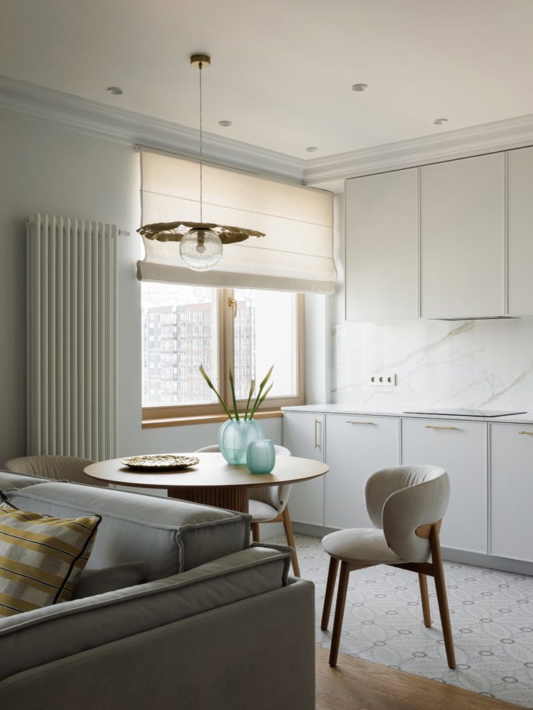 Квартира в Санкт-Петербурге по проекту студии YUHOME Design. Кухня-гостиная. На полу керамогранит Wave, Equipe.